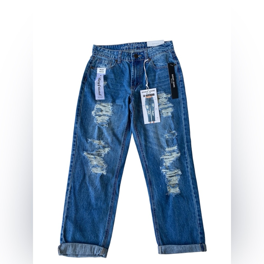 GoGo Jeans Ex-Boyfriend High Rise Distressed Denim Junior Size 1 Medium Wash NWT